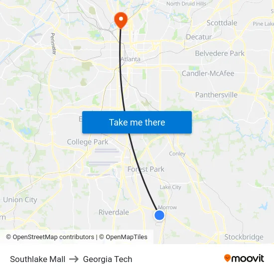 Southlake Mall to Georgia Tech map