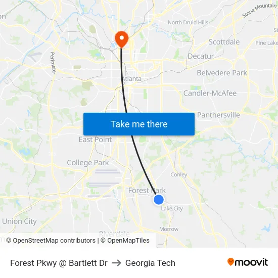 Forest Pkwy @ Bartlett Dr to Georgia Tech map