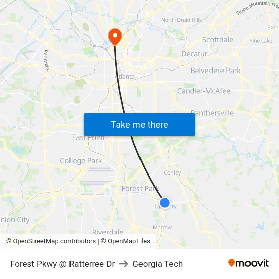 Forest Pkwy @ Ratterree Dr to Georgia Tech map
