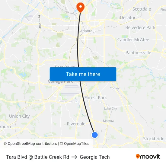 Tara Blvd @ Battle Creek Rd to Georgia Tech map