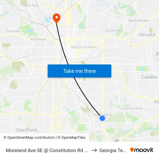 Moreland Ave SE @ Constitution Rd SE to Georgia Tech map