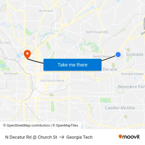 N Decatur Rd @ Church St to Georgia Tech map