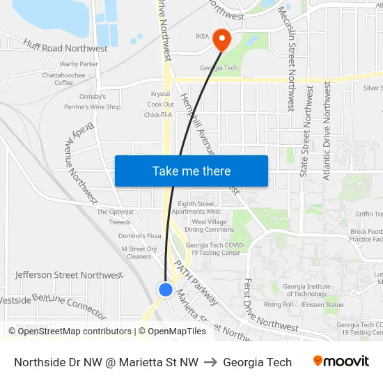 Northside Dr NW @ Marietta St NW to Georgia Tech map