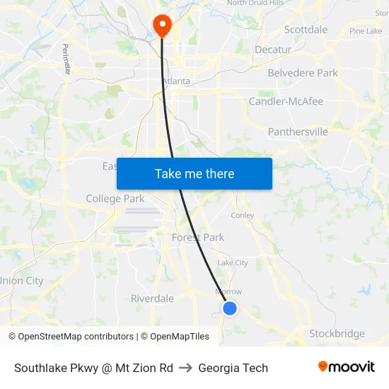 Southlake Pkwy @ Mt Zion Rd to Georgia Tech map