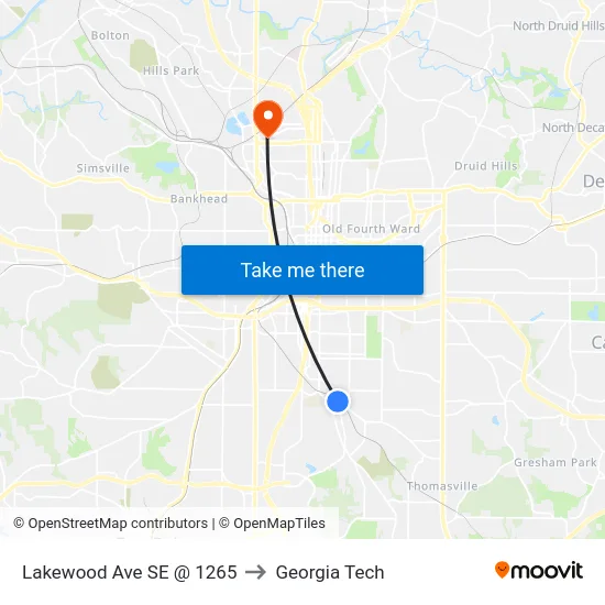 Lakewood Ave SE @ 1265 to Georgia Tech map