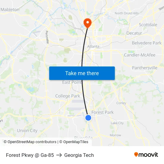 Forest Pkwy @ Ga-85 to Georgia Tech map