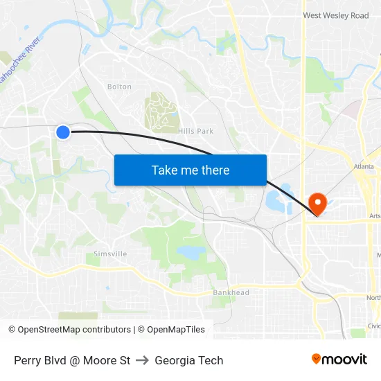 Perry Blvd @ Moore St to Georgia Tech map