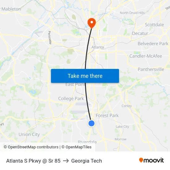 Atlanta S Pkwy @ Sr 85 to Georgia Tech map