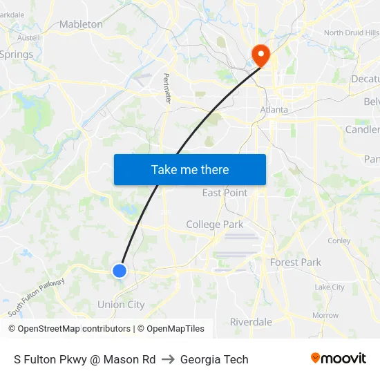 S Fulton Pkwy @ Mason Rd to Georgia Tech map