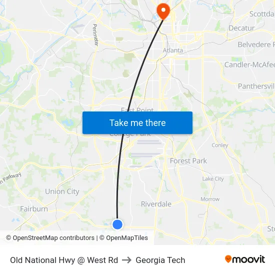 Old National Hwy @ West Rd to Georgia Tech map