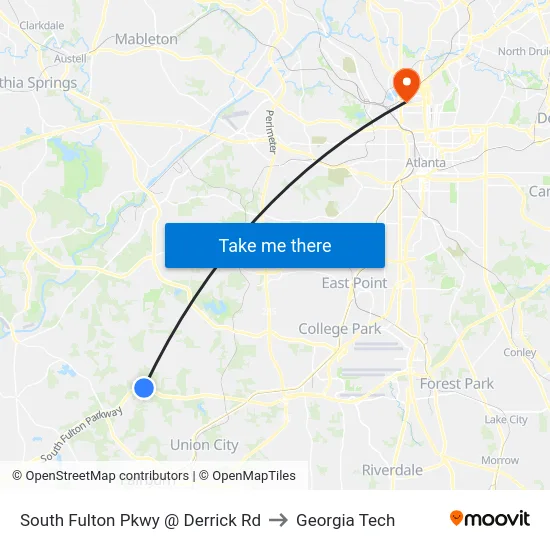 South Fulton Pkwy @ Derrick Rd to Georgia Tech map