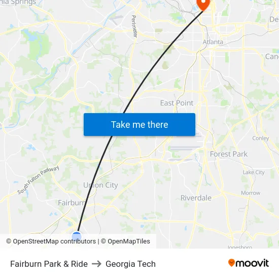 Fairburn Park & Ride to Georgia Tech map