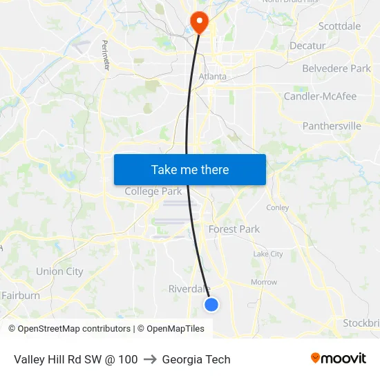 Valley Hill Rd SW @ 100 to Georgia Tech map