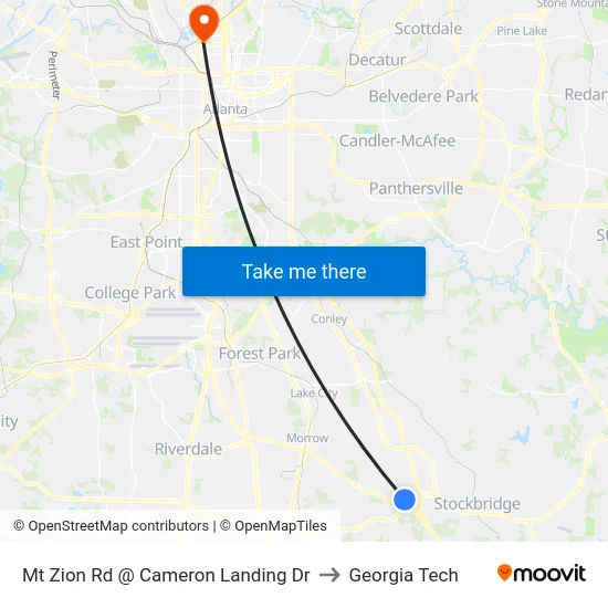 Mt Zion Rd @ Cameron Landing Dr to Georgia Tech map