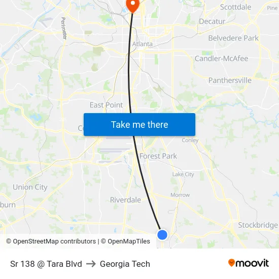 Sr 138 @ Tara Blvd to Georgia Tech map