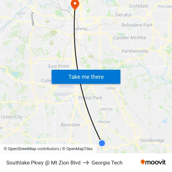 Southlake Pkwy @ Mt Zion Blvd to Georgia Tech map