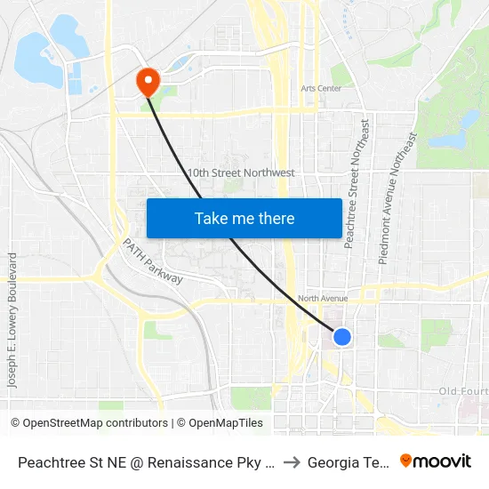 Peachtree St NE @ Renaissance Pky NE to Georgia Tech map