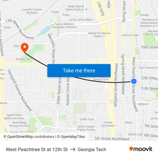 West Peachtree St at 12th St to Georgia Tech map