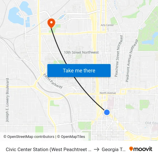 Civic Center Station (West Peachtreet Street) to Georgia Tech map