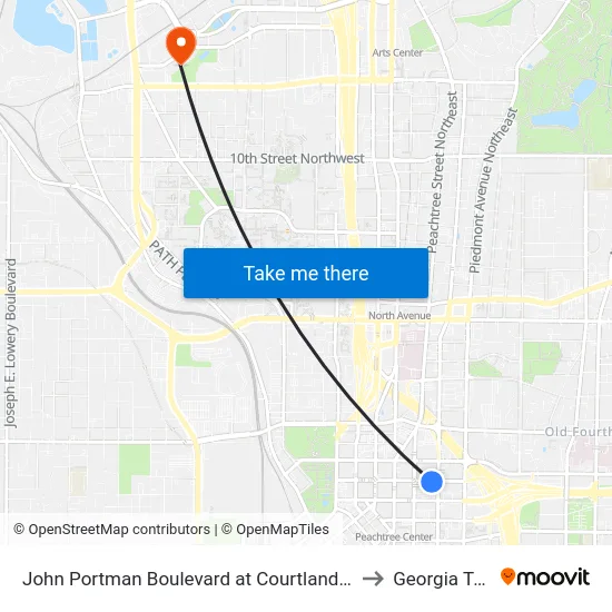 John Portman Boulevard at Courtland Street to Georgia Tech map