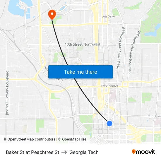 Baker St at Peachtree St to Georgia Tech map