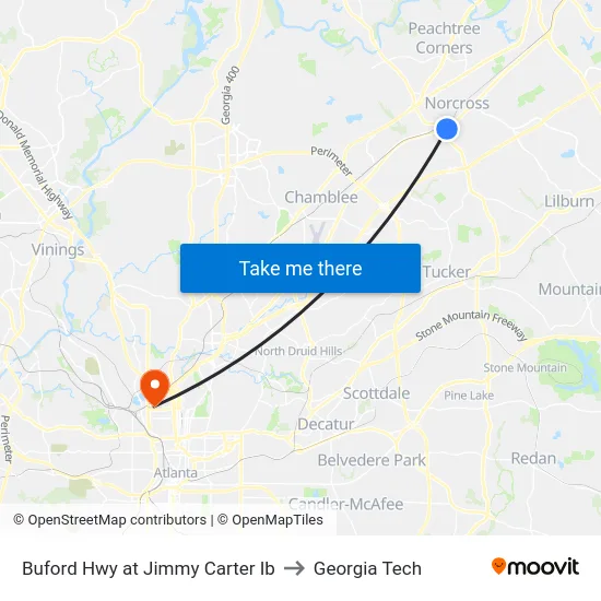 Buford Hwy at Jimmy Carter Ib to Georgia Tech map