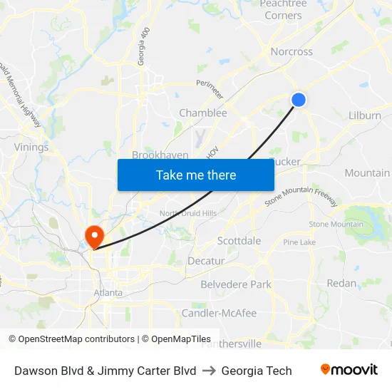 Dawson Blvd &  Jimmy Carter Blvd to Georgia Tech map
