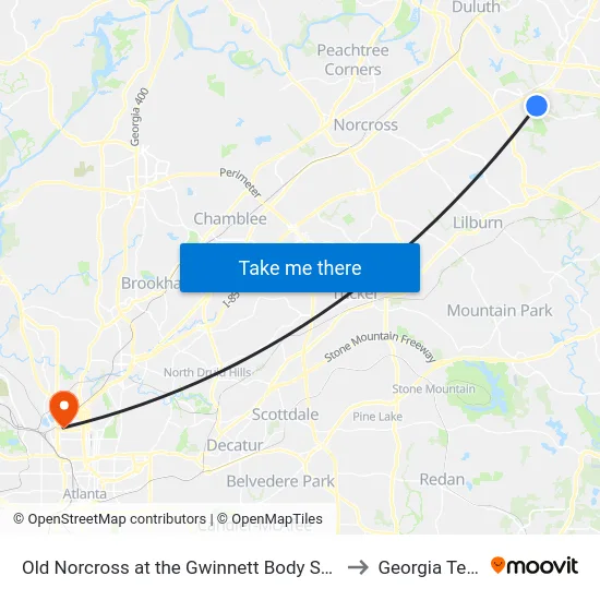 Old Norcross at the Gwinnett Body Shop to Georgia Tech map