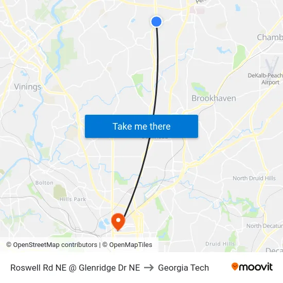 Roswell Rd NE @ Glenridge Dr NE to Georgia Tech map