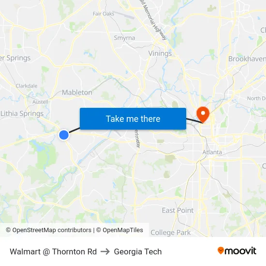 Walmart @ Thornton Rd to Georgia Tech map