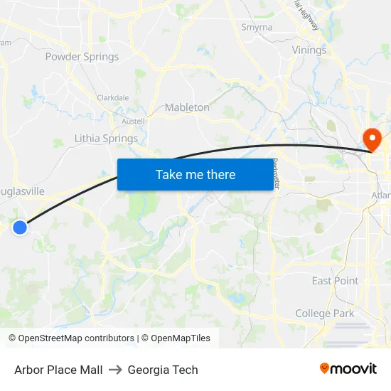 Arbor Place Mall to Georgia Tech map