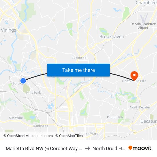 Marietta Blvd NW @ Coronet Way NW to North Druid Hills map