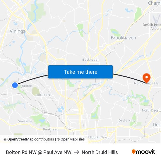Bolton Rd NW @ Paul Ave NW to North Druid Hills map