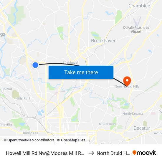 Howell Mill Rd Nw@Moores Mill Rd NW to North Druid Hills map