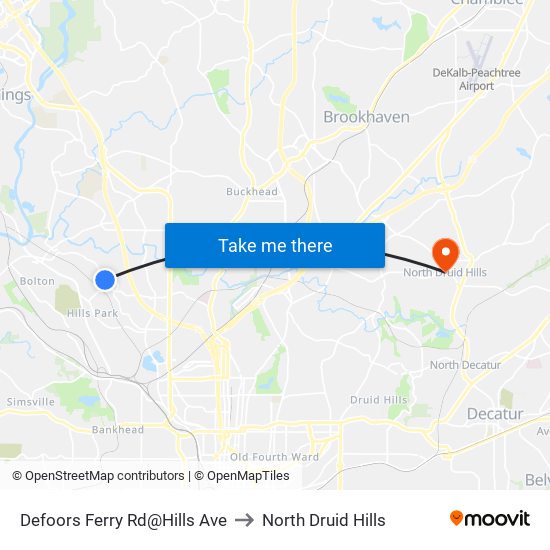 Defoors Ferry Rd@Hills Ave to North Druid Hills map