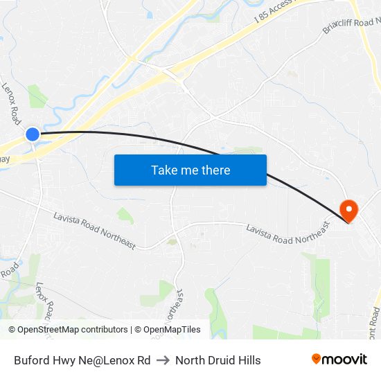 Buford Hwy Ne@Lenox Rd to North Druid Hills map