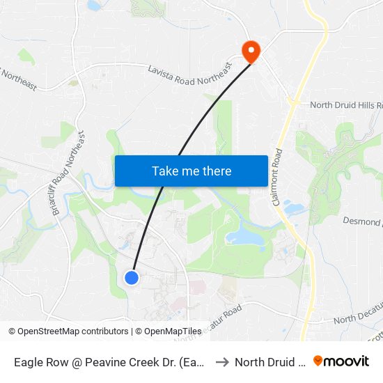 Eagle Row @ Peavine Creek Dr. (Eastbound) to North Druid Hills map