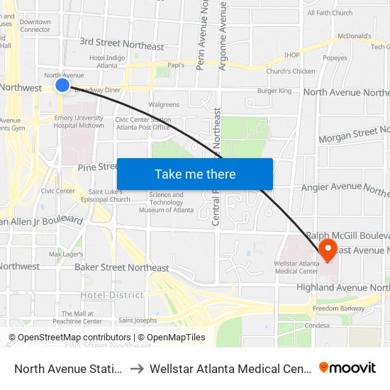 North Avenue Station to Wellstar Atlanta Medical Center map