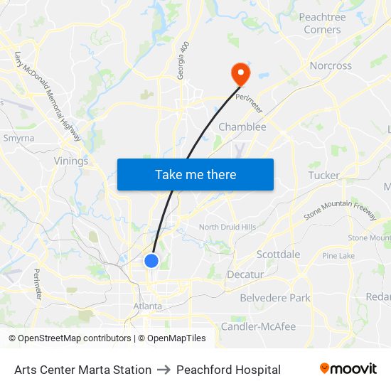 Arts Center Marta Station to Peachford Hospital map