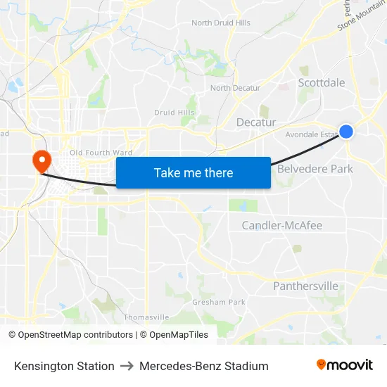 Kensington Station to Mercedes-Benz Stadium map