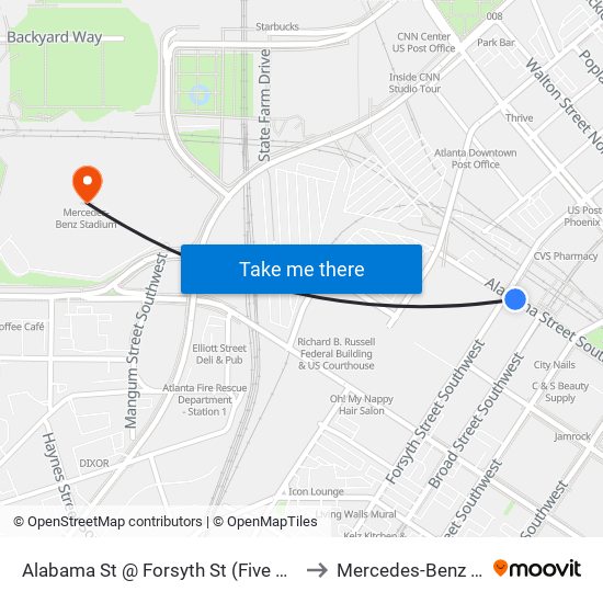 Alabama St @ Forsyth St (Five Points Station) to Mercedes-Benz Stadium map