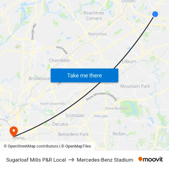 Sugarloaf Mills P&R Local to Mercedes-Benz Stadium map
