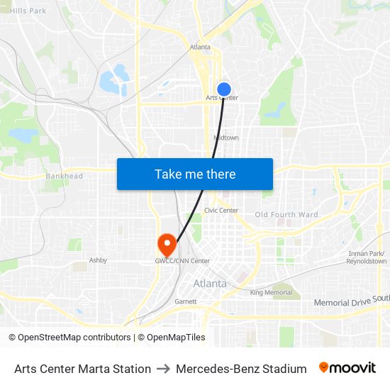 Arts Center Marta Station to Mercedes-Benz Stadium map