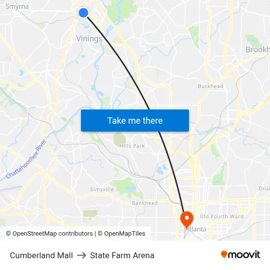 Cumberland Mall to State Farm Arena map