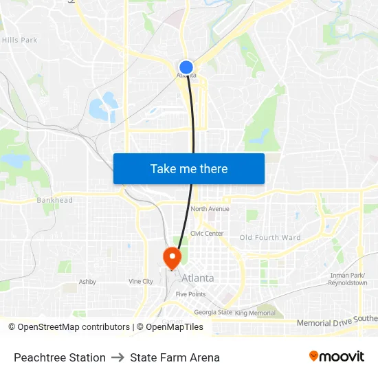 Peachtree Station to State Farm Arena map