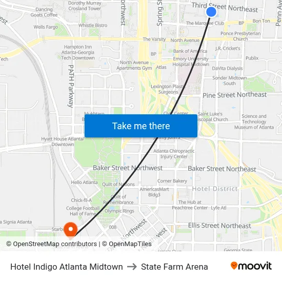 Hotel Indigo Atlanta Midtown to State Farm Arena map