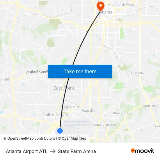 Atlanta Airport ATL to State Farm Arena map