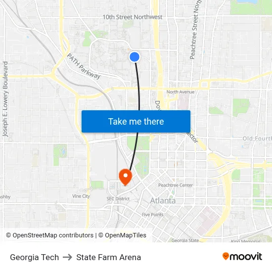 Georgia Tech to State Farm Arena map