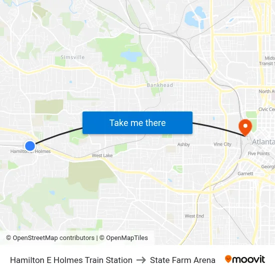 Hamilton E Holmes Train Station to State Farm Arena map