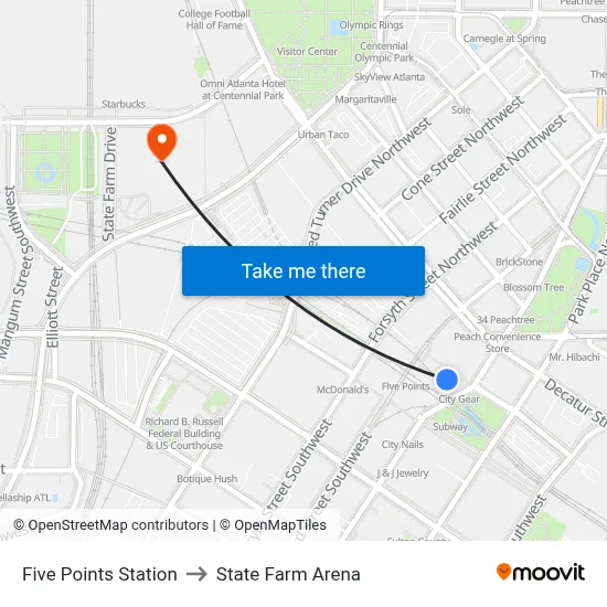 Five Points Station to State Farm Arena map